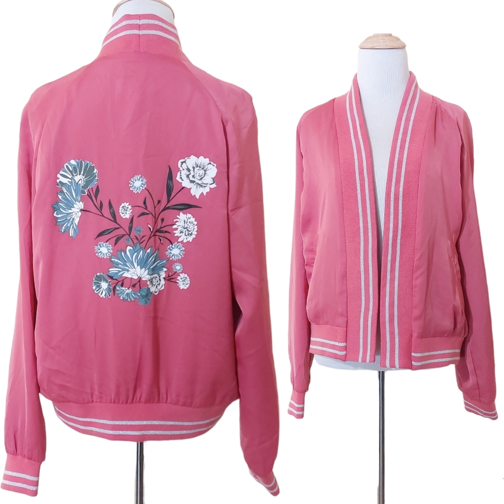 One Hart Mauve Pink Rose Floral Daisy Print Open Front Bomber Jacket Size Med